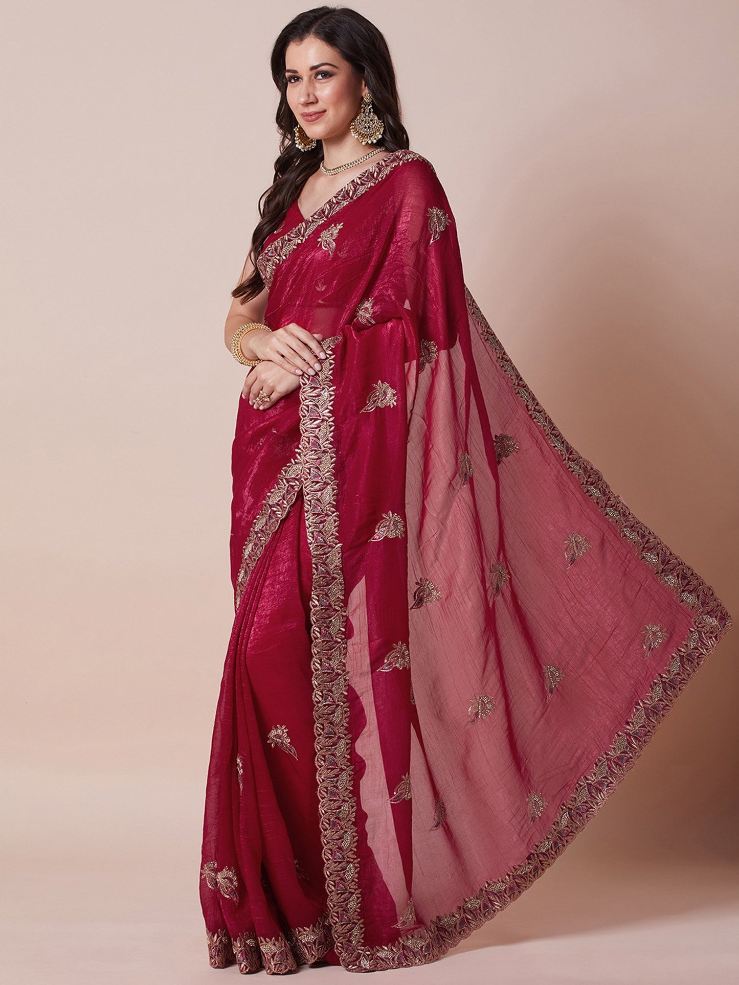 Pink Party Wear Satin Silk Embellished Saree