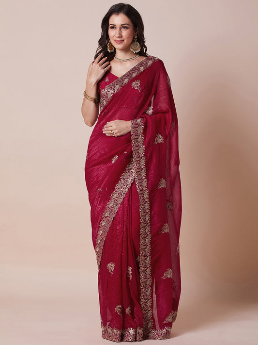 Pink Pink Party Wear Satin Silk Embellished Saree