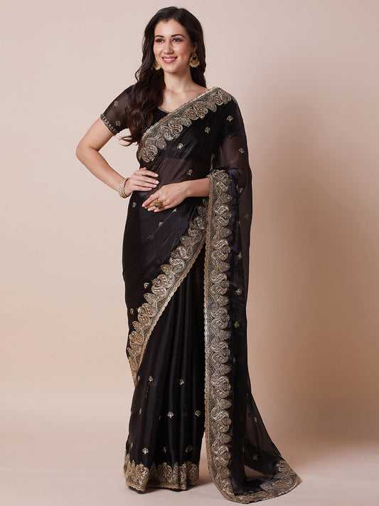 Black Black Party Wear Organza Embroidered Saree