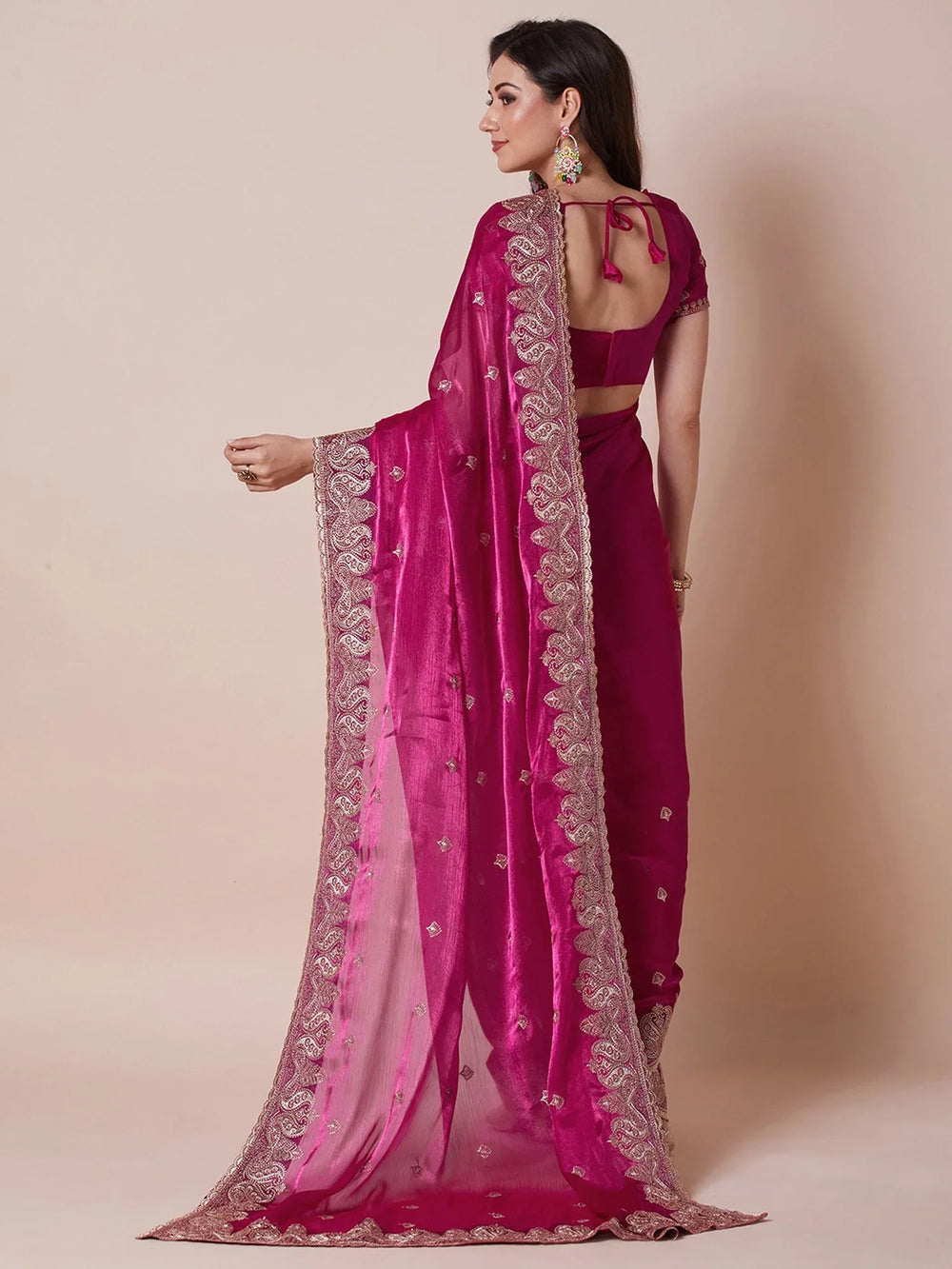 Pink Party Wear Organza Embroidered Saree - The Dori Store