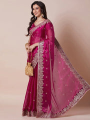 Pink Party Wear Organza Embroidered Saree - The Dori Store