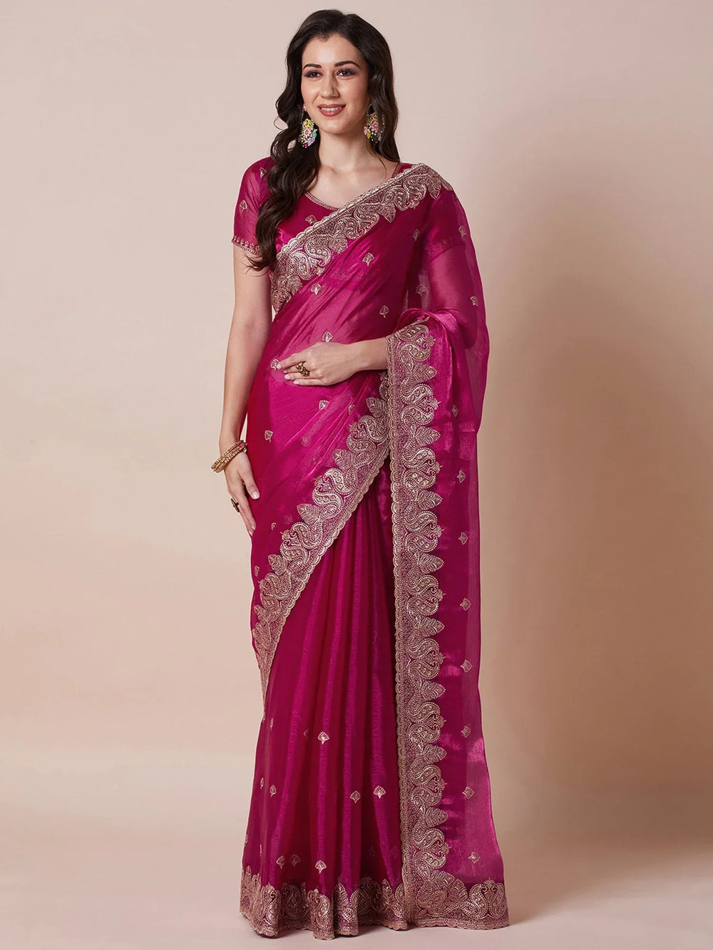 Pink Party Wear Organza Embroidered Saree - The Dori Store