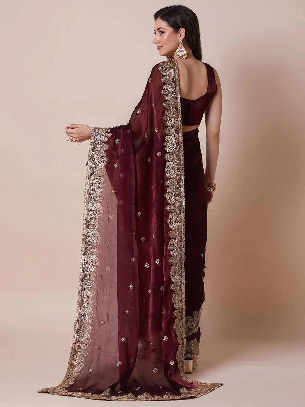 Maroon Party Wear Organza Embroidered Saree - The Dori Store