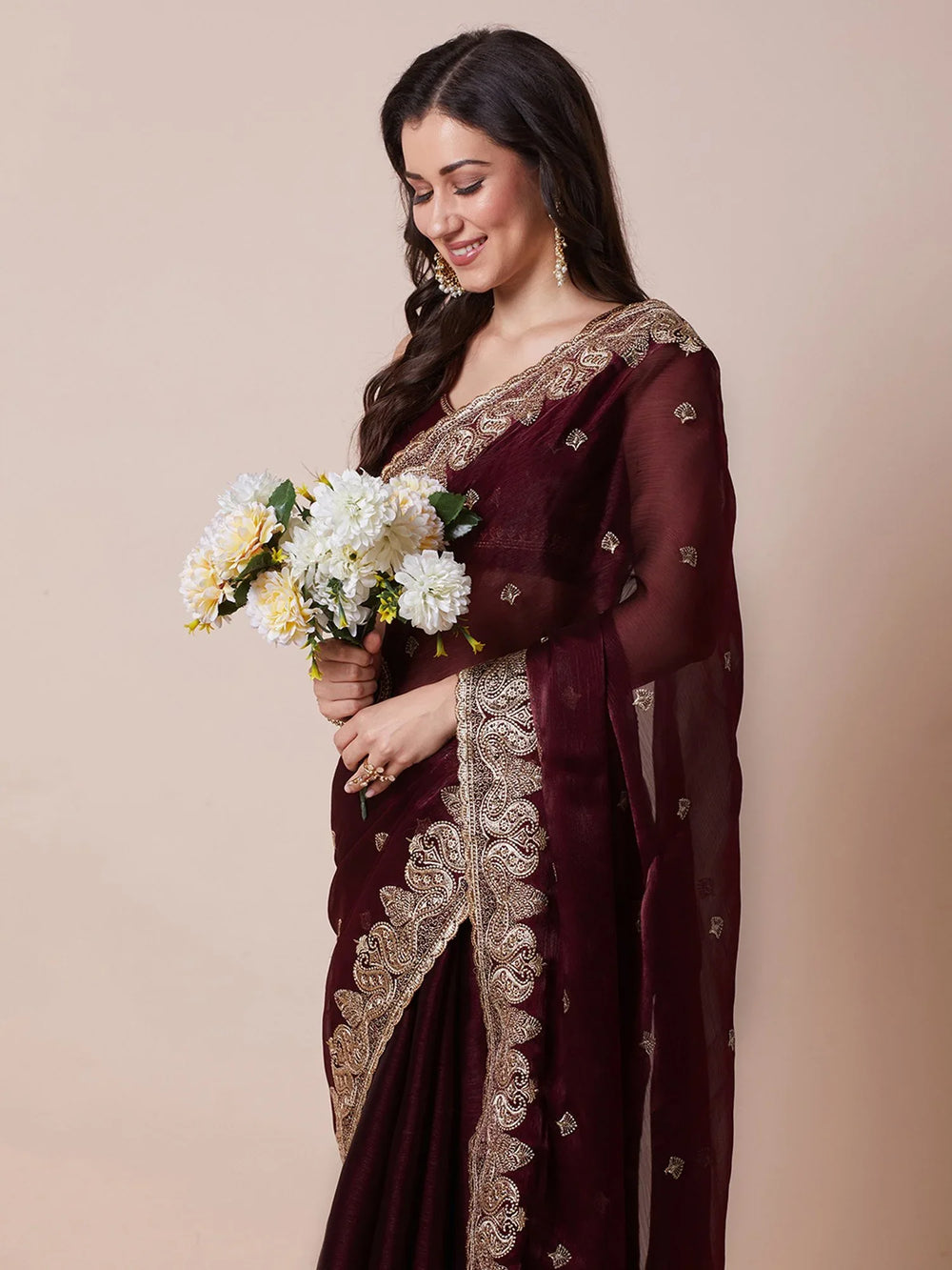 Maroon Party Wear Organza Embroidered Saree - The Dori Store