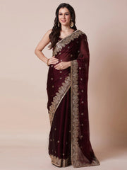 Maroon Party Wear Organza Embroidered Saree - The Dori Store
