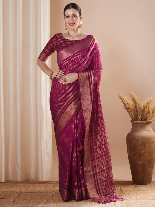 Pink Magenta Banarasi Pure Georgette Woven Saree