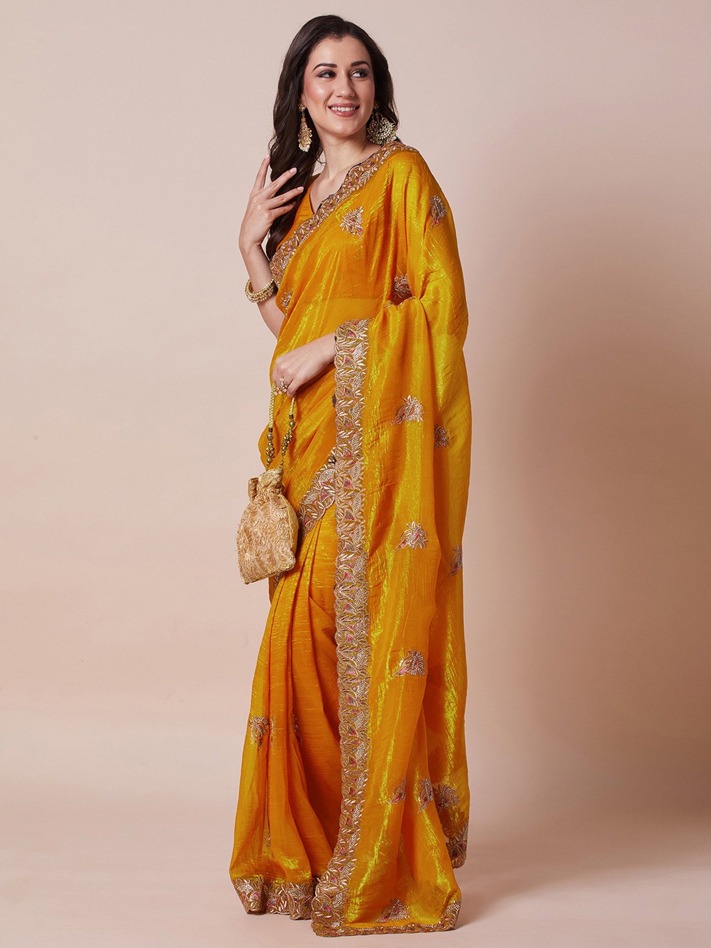 Mustard Party Wear Satin Silk Embellished Saree