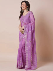 Lavendar Party Wear Pure Georgette Embellished Saree - The Dori Store