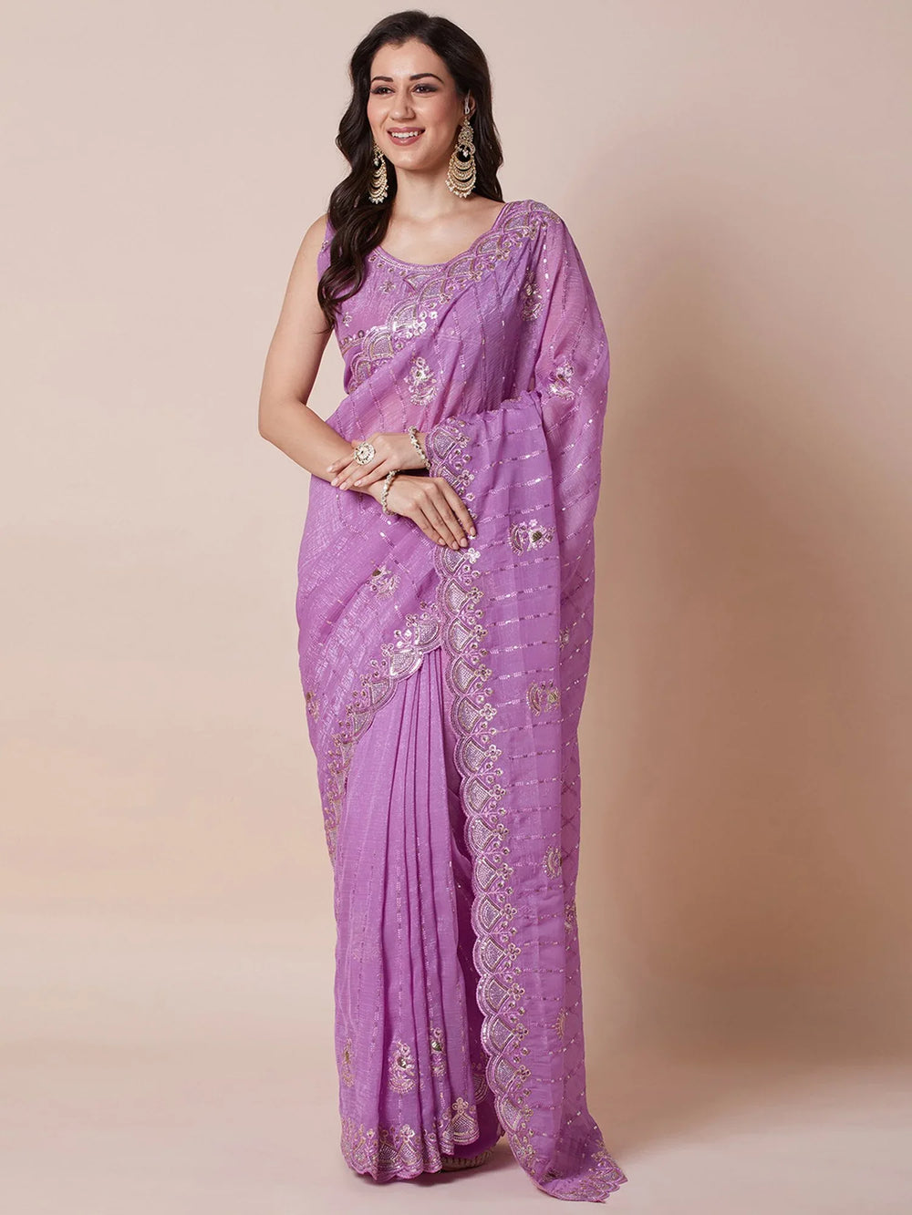Lavendar Party Wear Pure Georgette Embellished Saree - The Dori Store