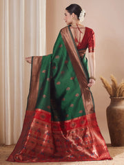 Green Paithani Silk Blend Woven Saree - The Dori Store