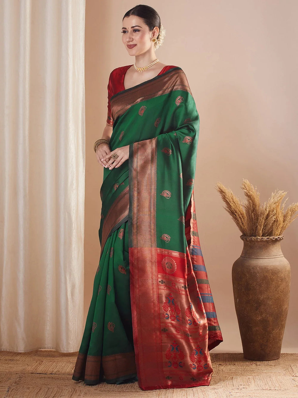 Green Paithani Silk Blend Woven Saree - The Dori Store