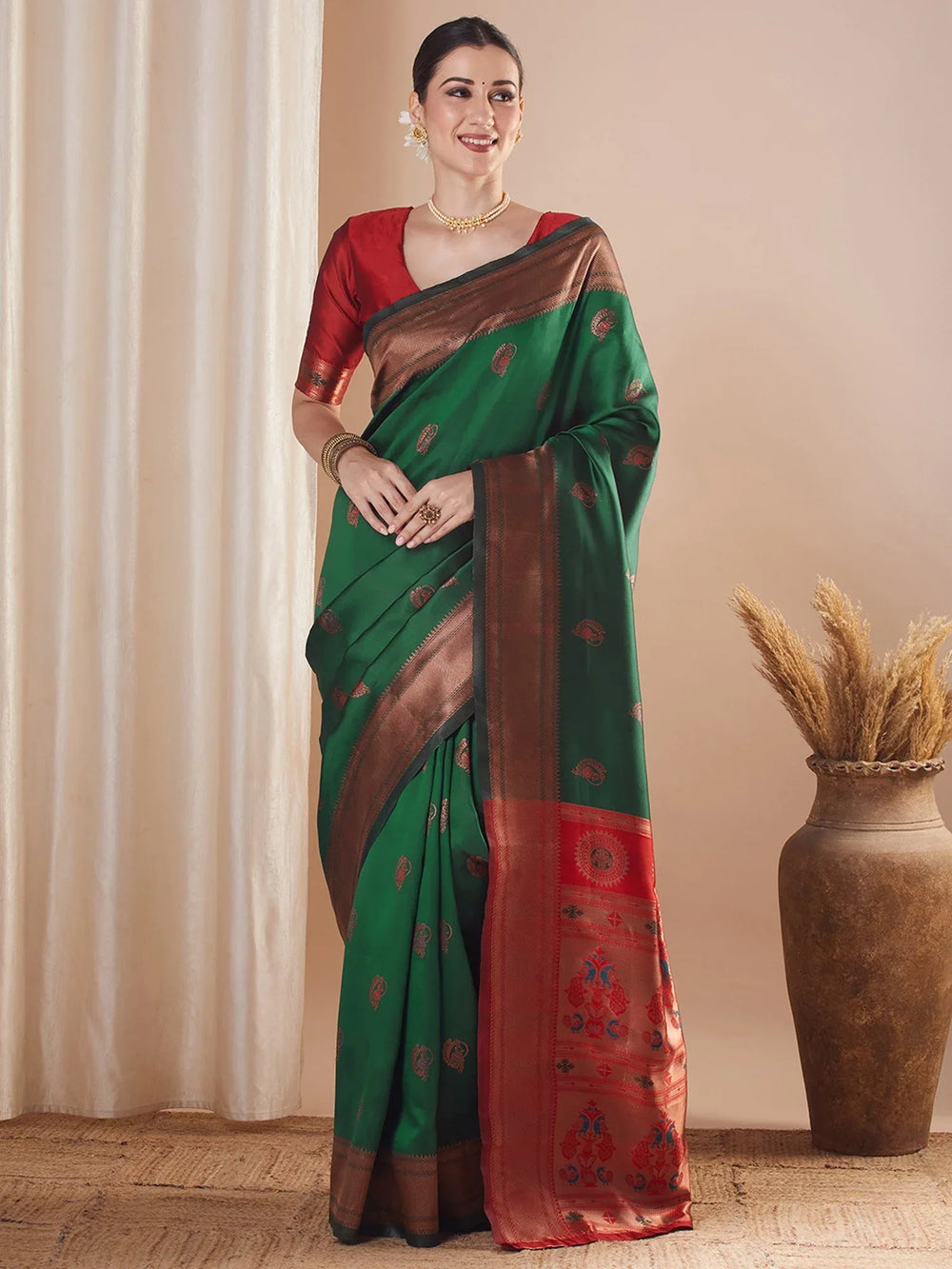 Green Paithani Silk Blend Woven Saree - The Dori Store