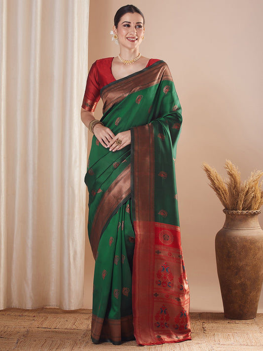 Green Green Paithani Silk Blend Woven Saree