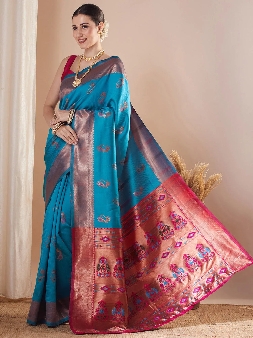 Blue Paithani Silk Blend Woven Saree - The Dori Store