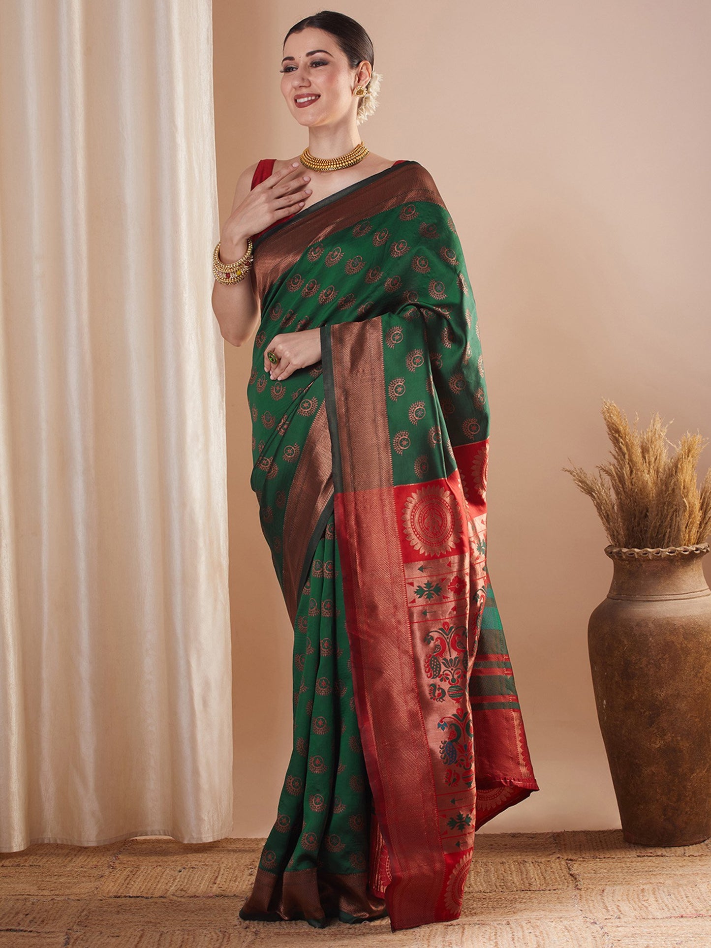 Green Paithani Silk Blend Woven Saree