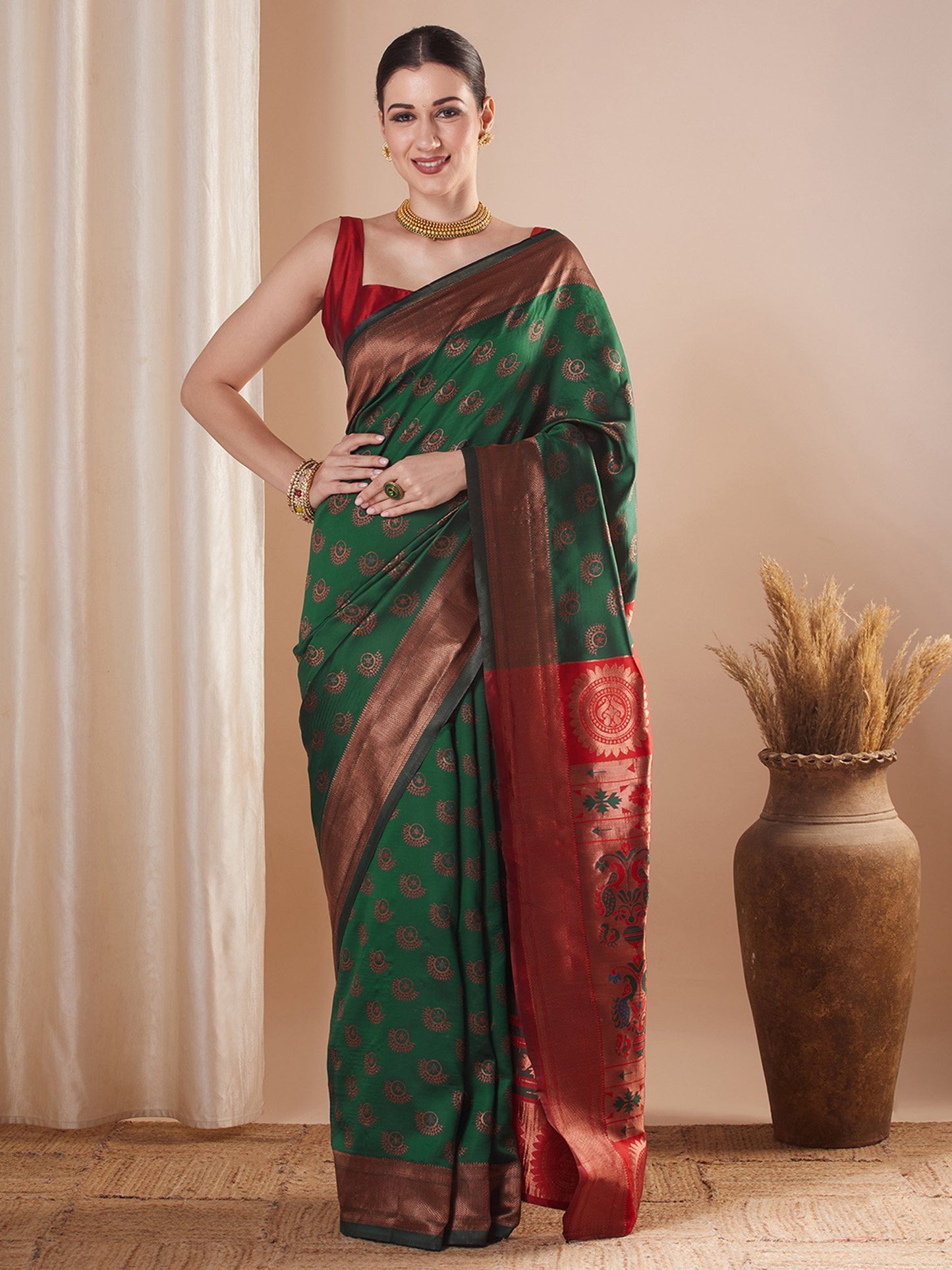 Green Green Paithani Silk Blend Woven Saree