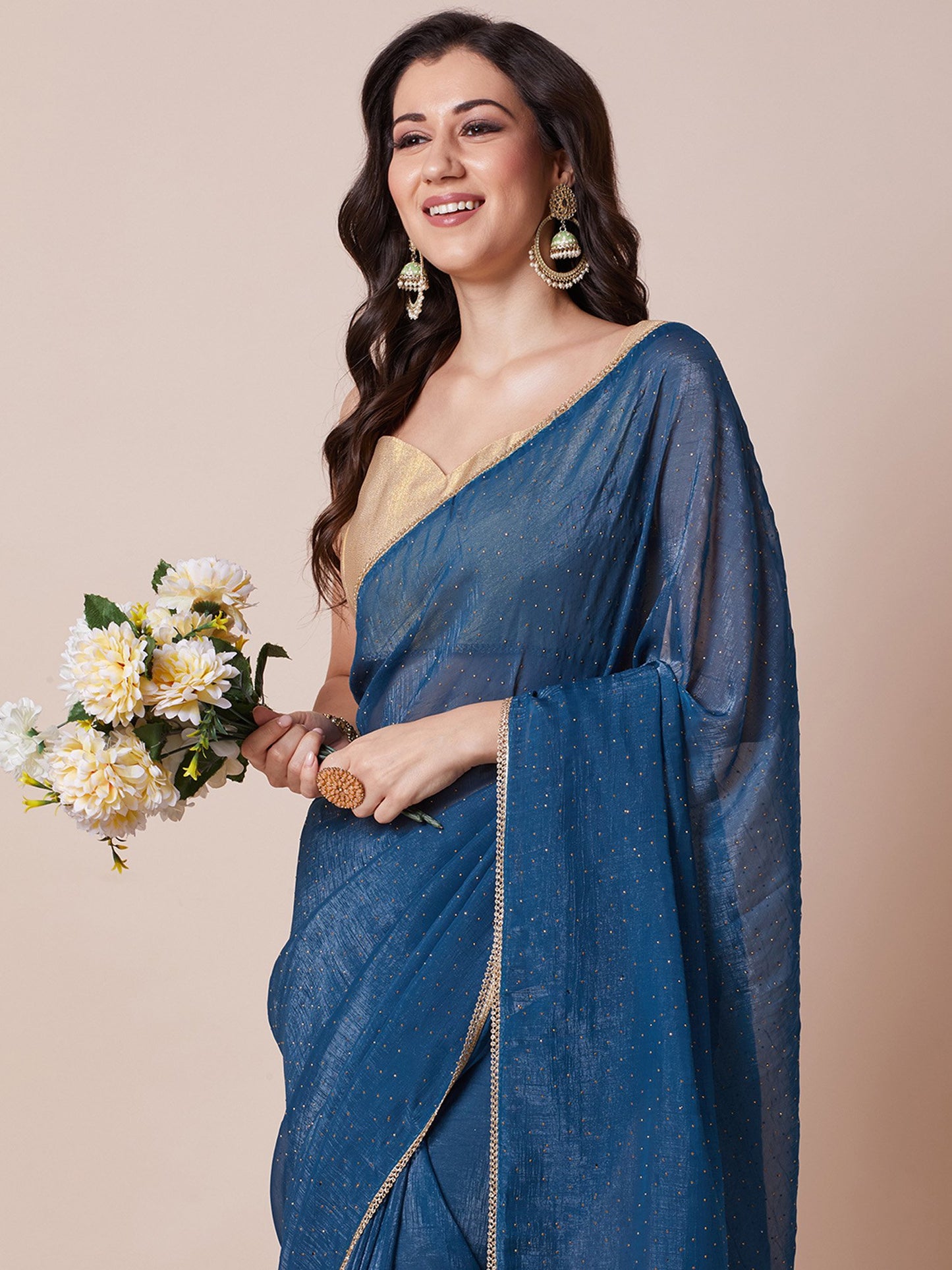 Teal Party Wear Satin Silk Embellished Saree