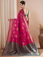 Pink Banarasi Silk Blend Woven Saree - The Dori Store