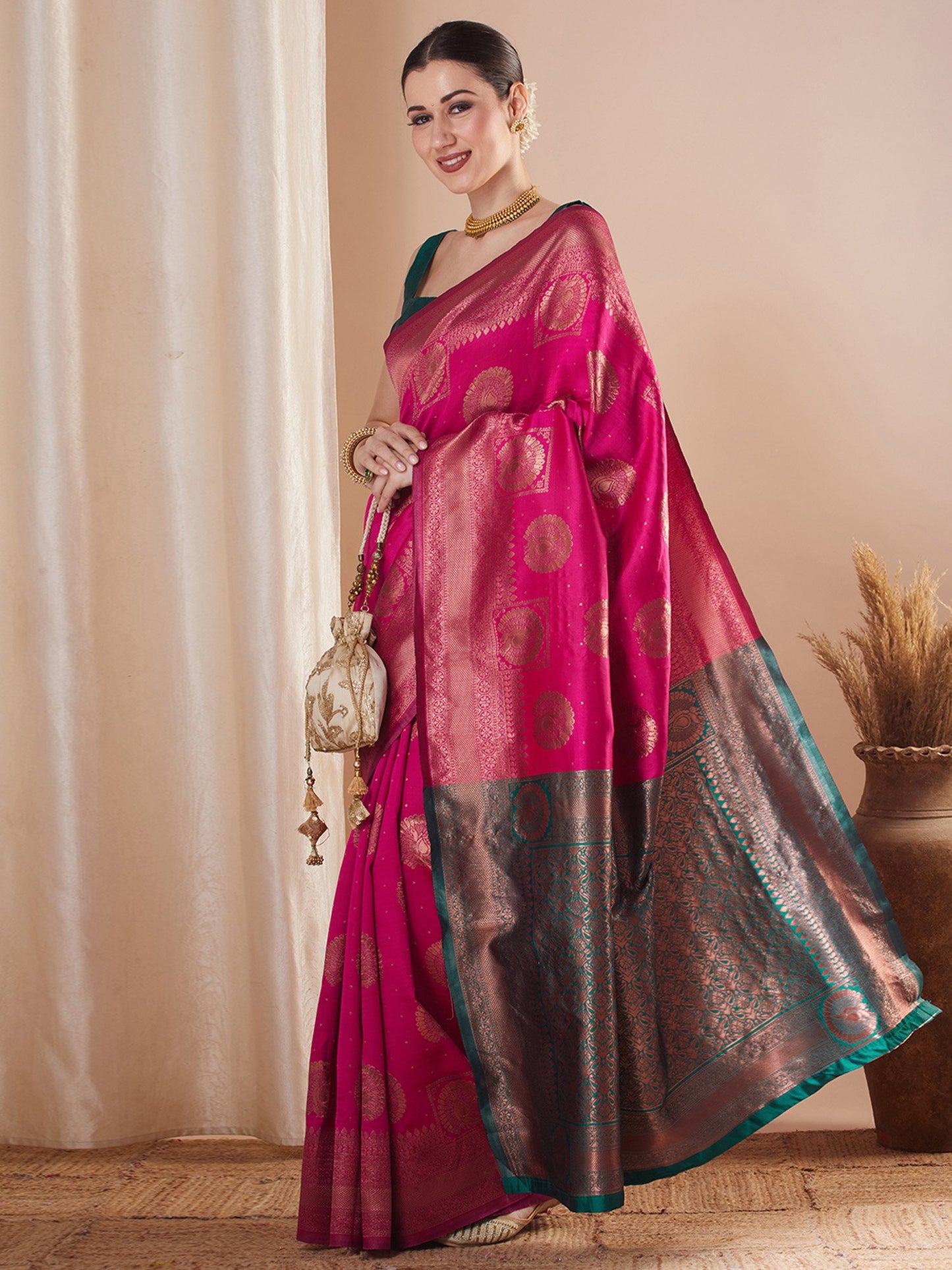 Pink Banarasi Silk Blend Woven Saree