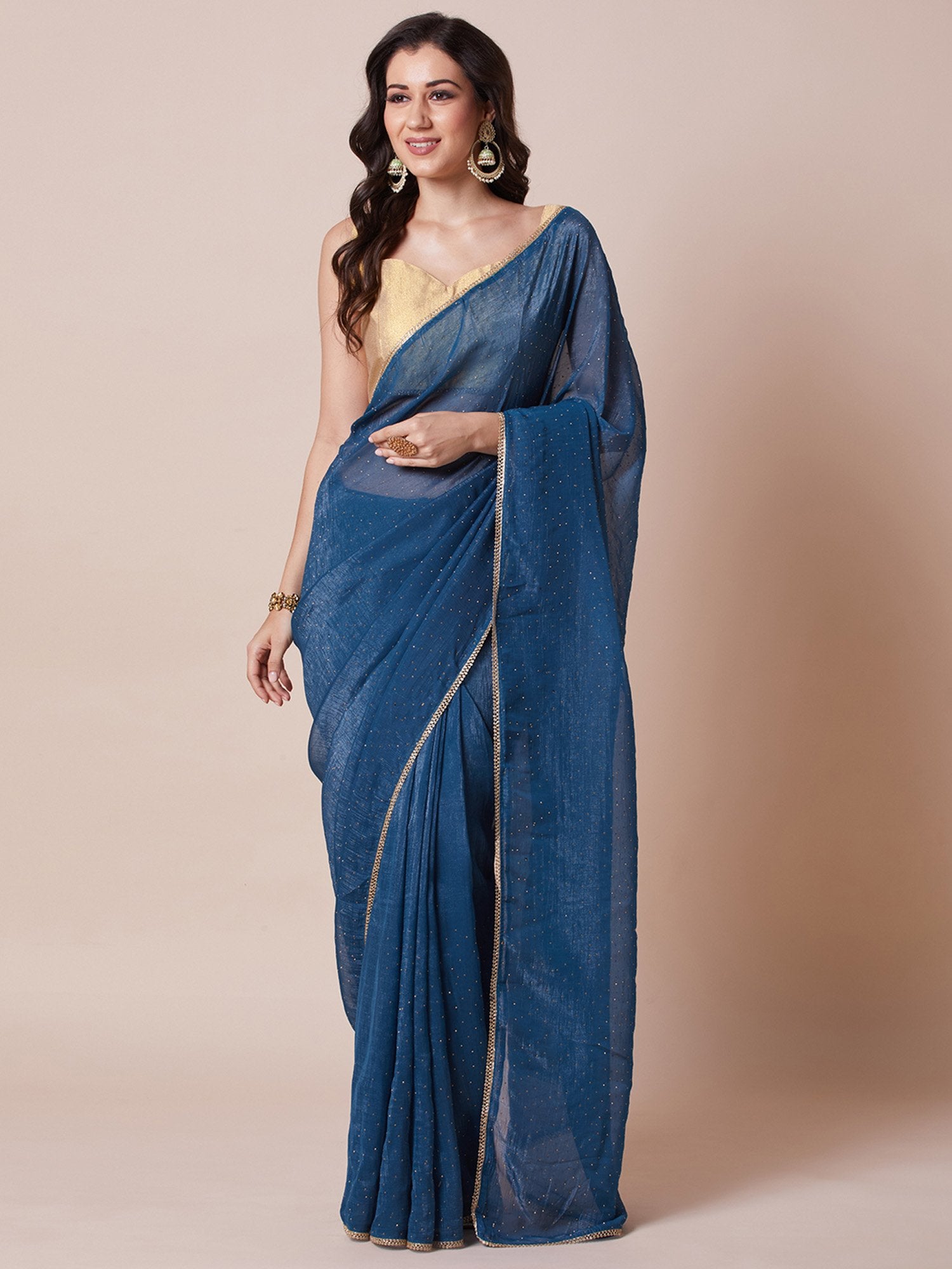 Blue Teal Party Wear Satin Silk Embellished Saree