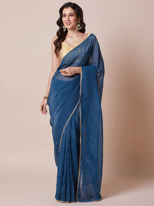Blue Teal Party Wear Satin Silk Embellished Saree