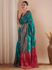 Blue Banarasi Silk Blend Woven Saree - The Dori Store