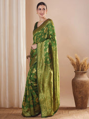 Green Banarasi Silk Blend Woven Saree - The Dori Store