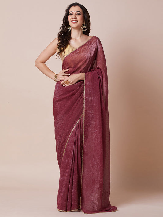 Maroon Maroon Party Wear Satin Silk Embellished Saree
