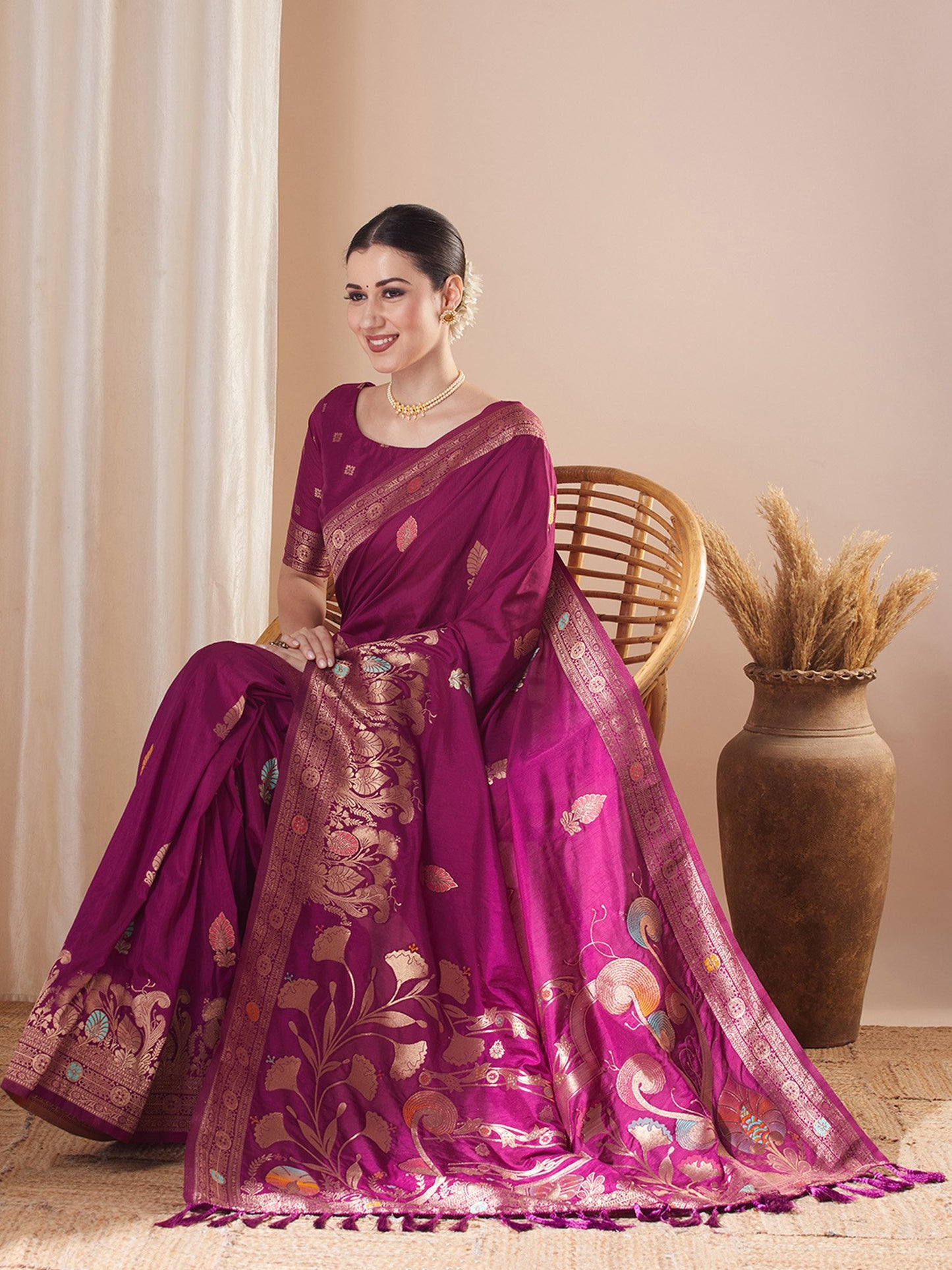 Magenta Banarasi Silk Blend Woven Saree