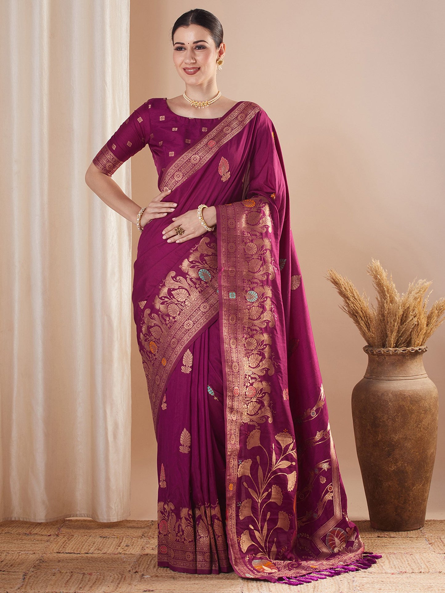 Purple Magenta Banarasi Silk Blend Woven Saree