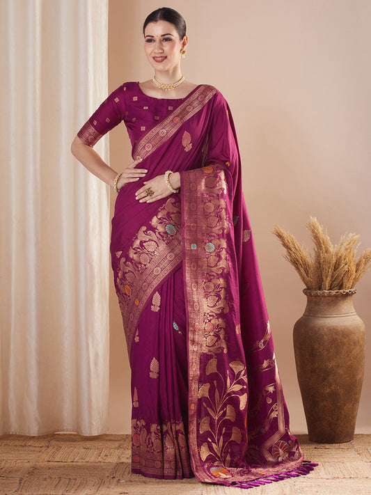 Purple Magenta Banarasi Silk Blend Woven Saree