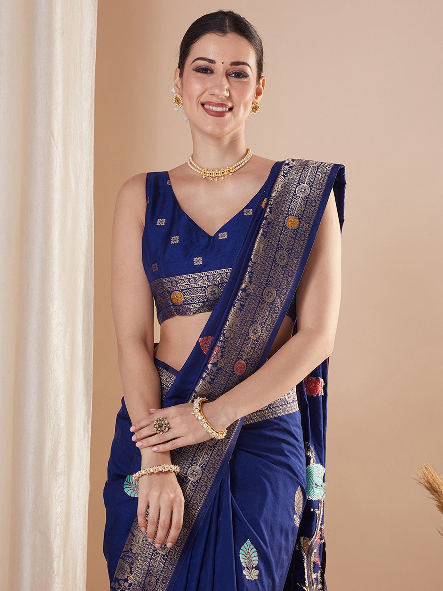 Navy Banarasi Silk Blend Woven Saree