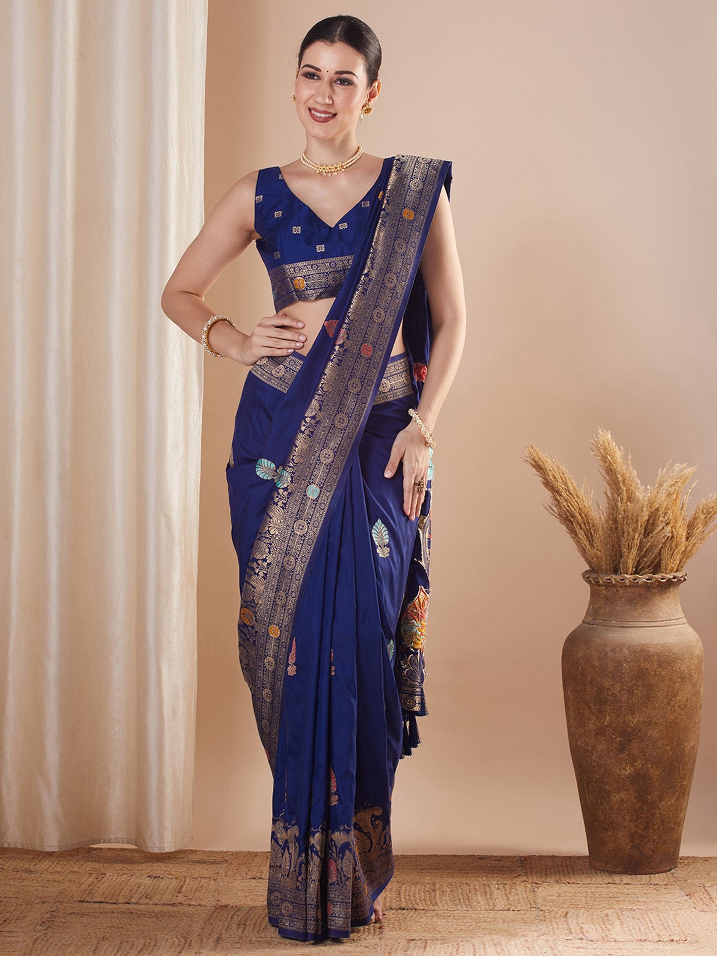 Navy Blue Navy Banarasi Silk Blend Woven Saree
