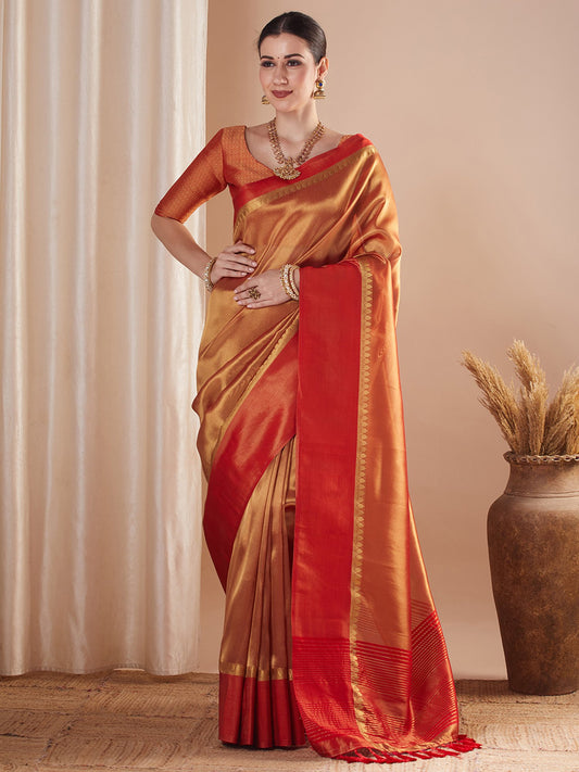 Orange Gold Banarasi Tissue Woven Saree