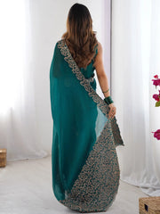 Teal Blue Party Wear Pure Chiffon Embroidered Saree - The Dori Store