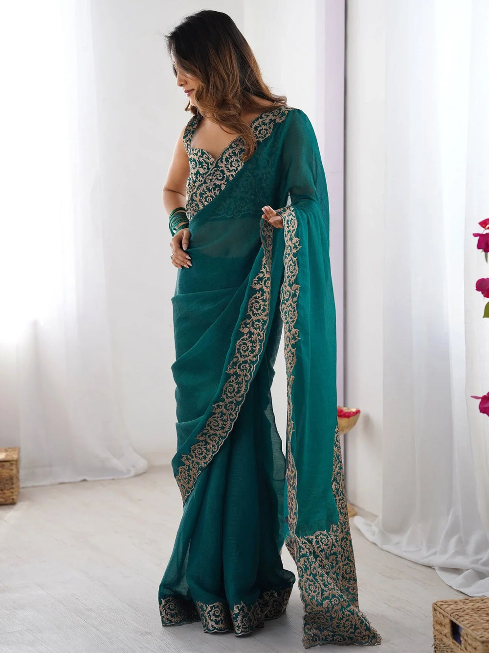 Teal Blue Party Wear Pure Chiffon Embroidered Saree - The Dori Store