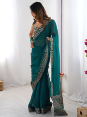 Teal Blue Party Wear Pure Chiffon Embroidered Saree - The Dori Store