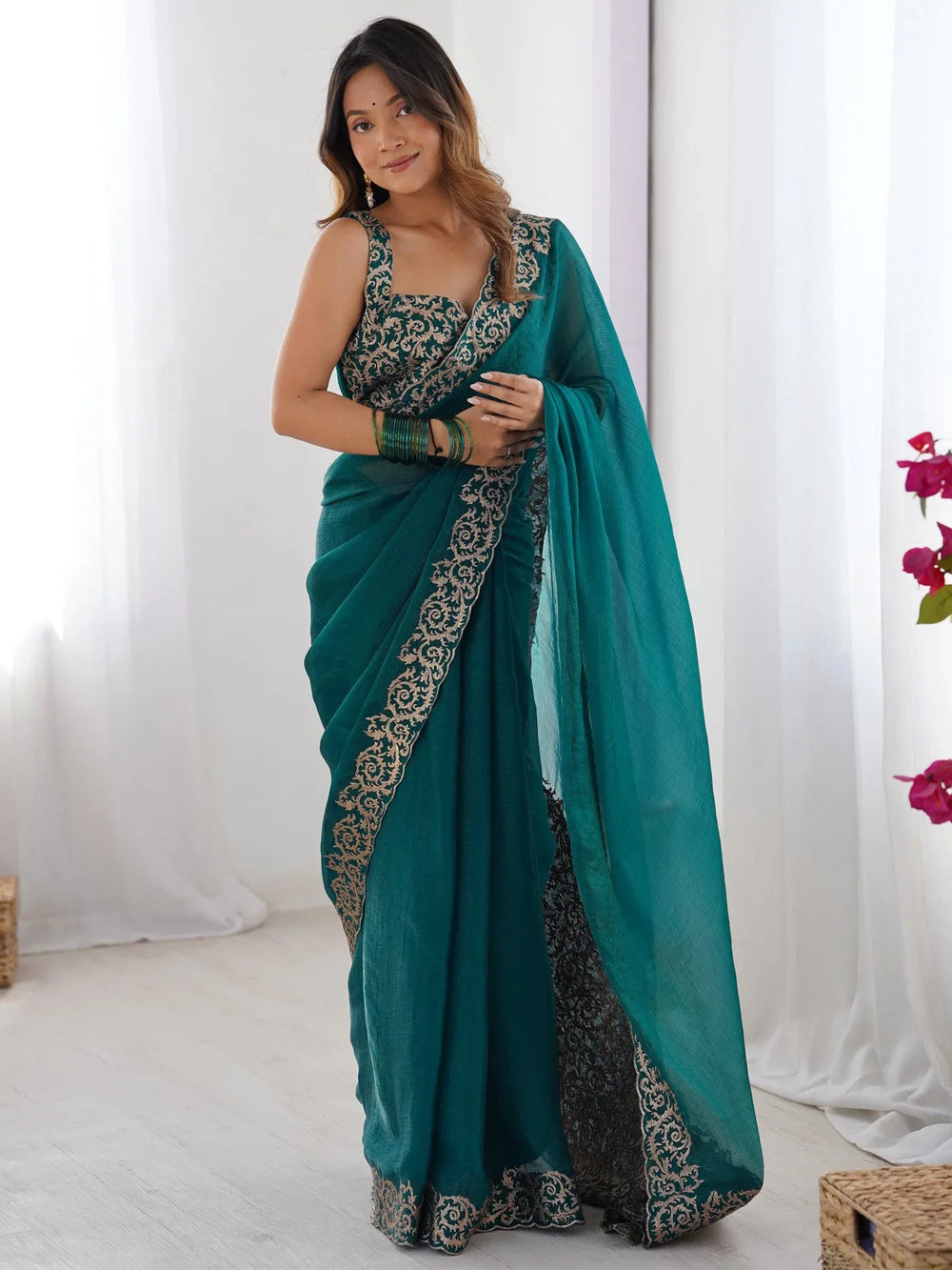 Teal Blue Party Wear Pure Chiffon Embroidered Saree - The Dori Store