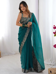 Teal Blue Party Wear Pure Chiffon Embroidered Saree - The Dori Store