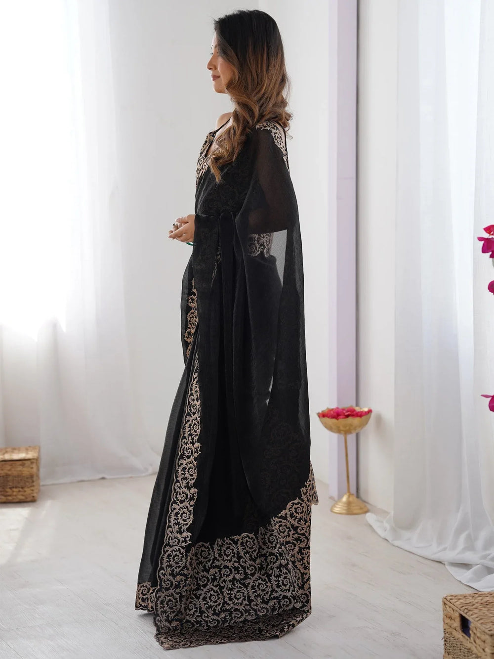 Black Party Wear Pure Chiffon Embroidered Saree - The Dori Store