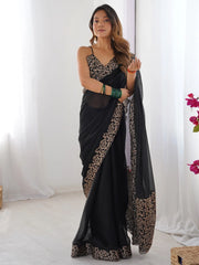Black Party Wear Pure Chiffon Embroidered Saree - The Dori Store