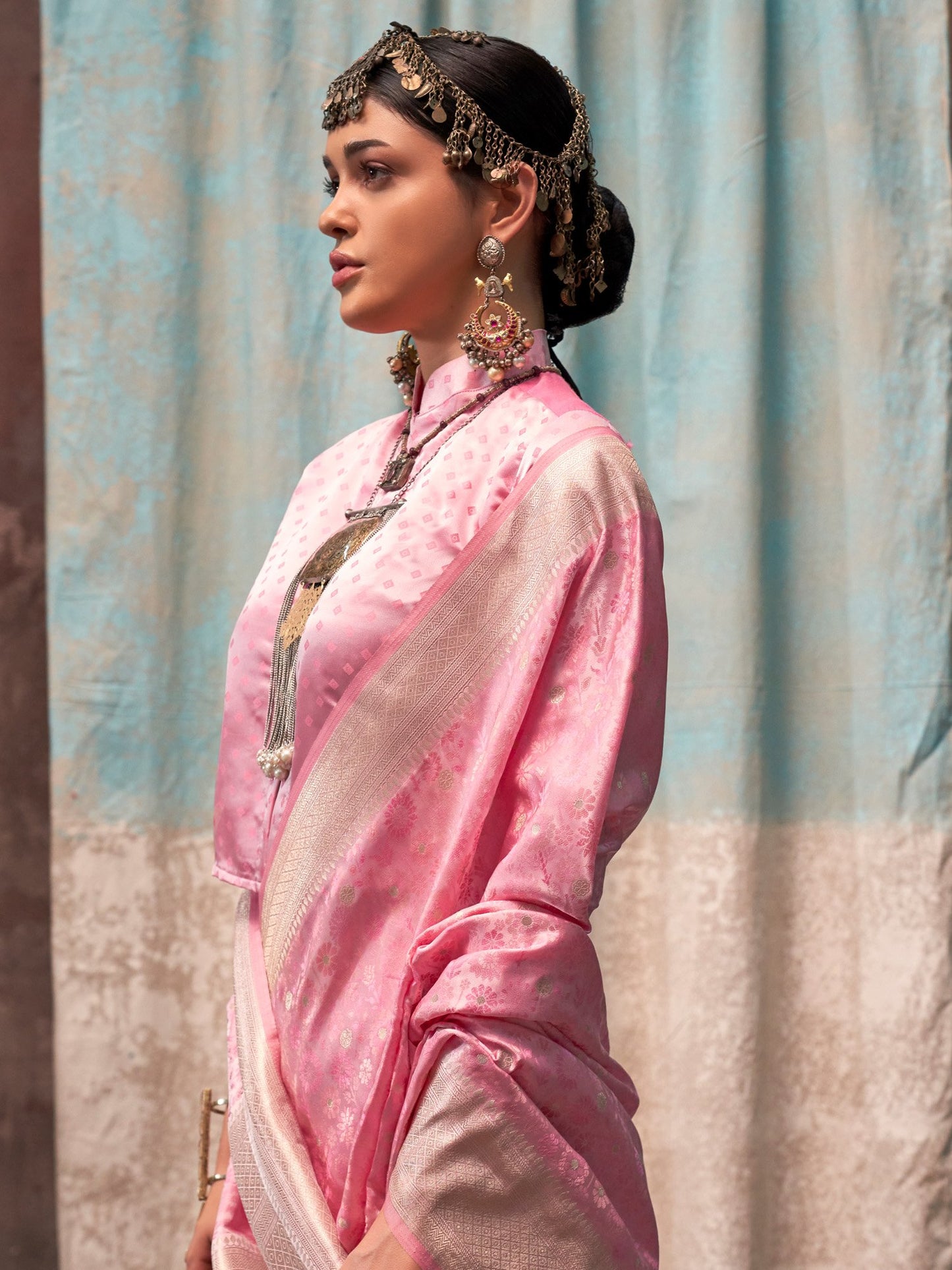 Pink Banarasi Satin Silk Woven Saree