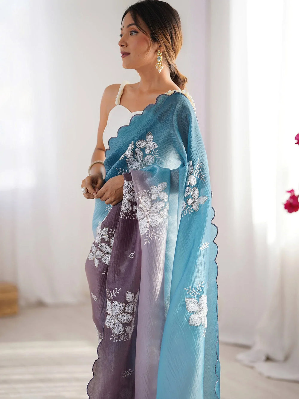 Blue Party Wear Chiffon Embellished Saree - The Dori Store