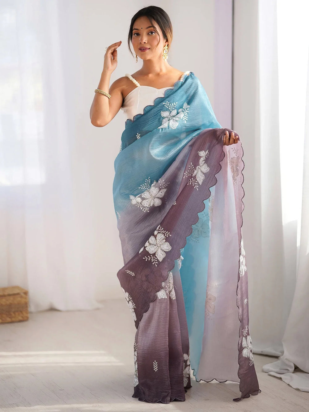 Blue Party Wear Chiffon Embellished Saree - The Dori Store