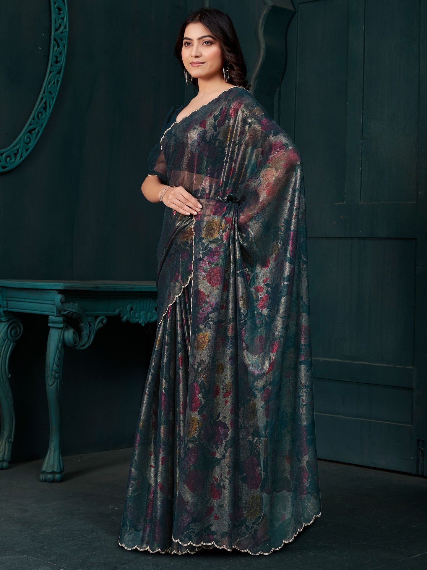 Teal Party Wear Pure Silk Printed Saree