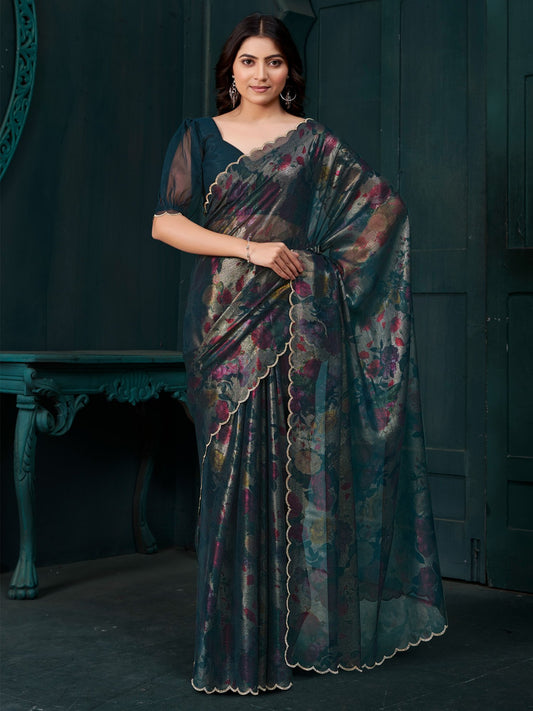 Blue Teal Party Wear Pure Silk Printed Saree