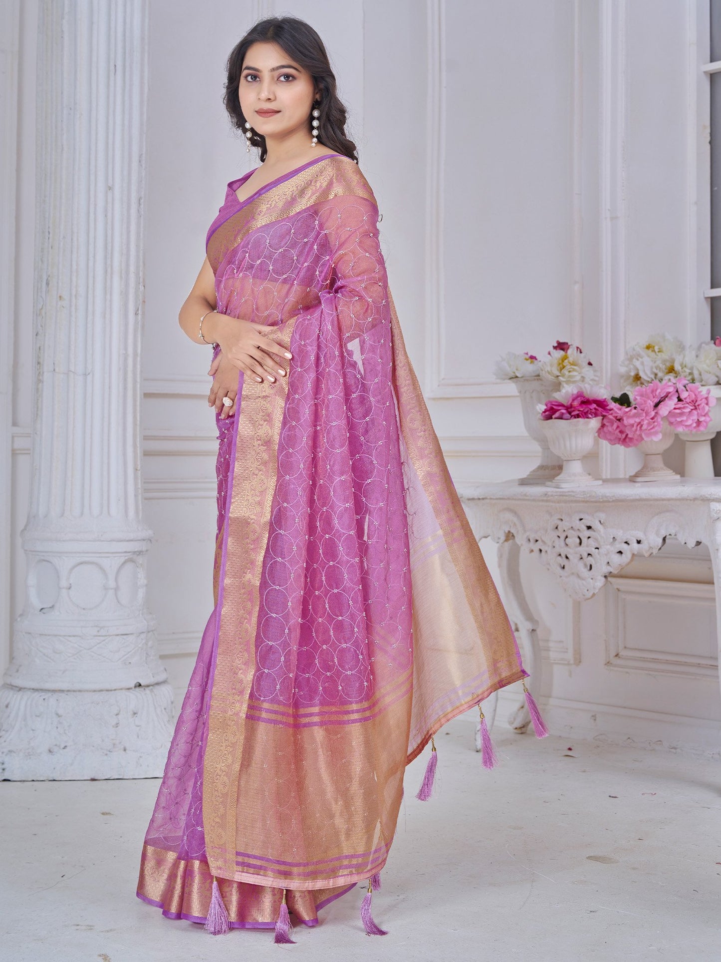Mauve Party Wear Tissue Woven Saree