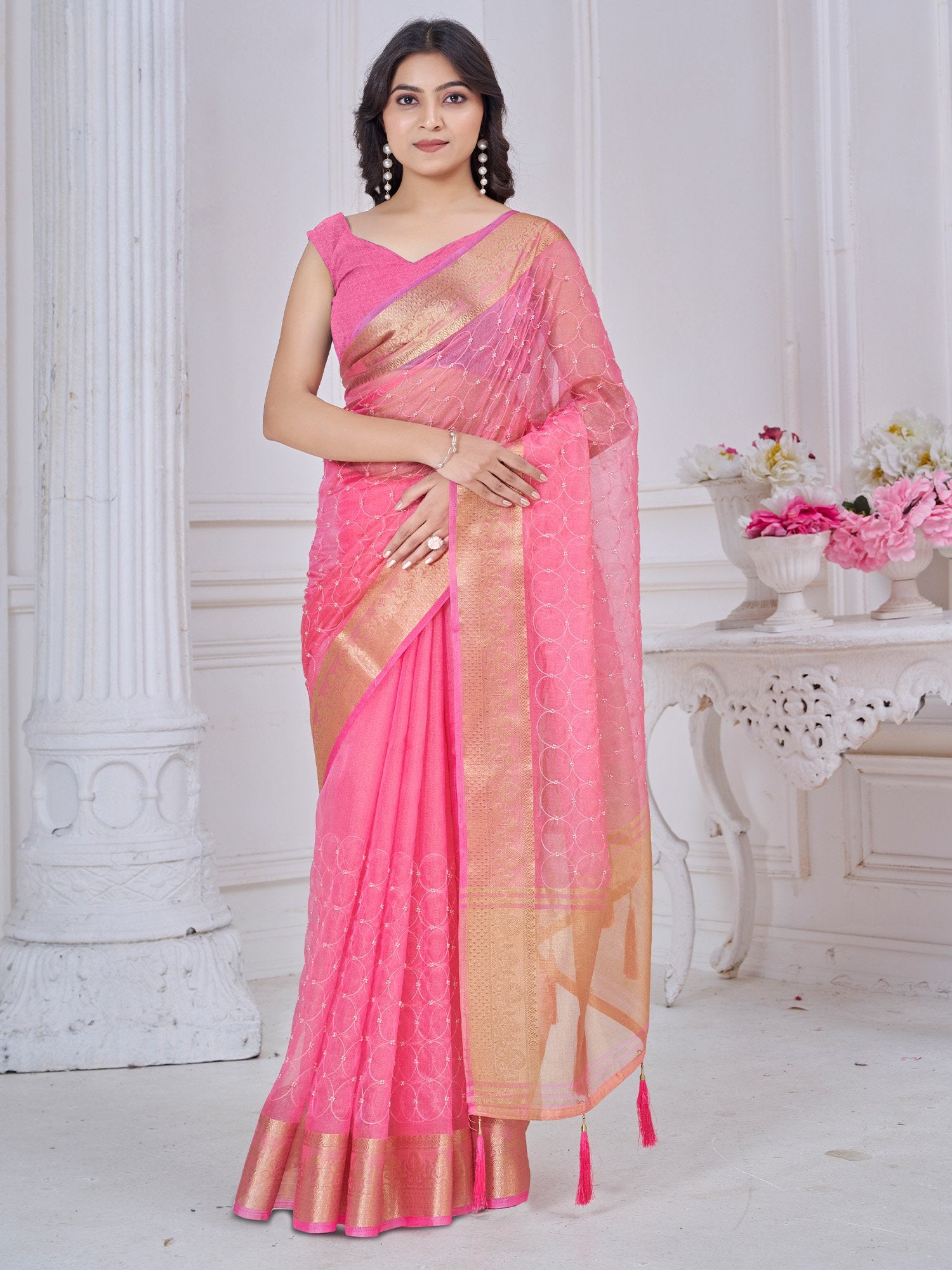 Pink Pink Party Wear Tissue Woven Saree