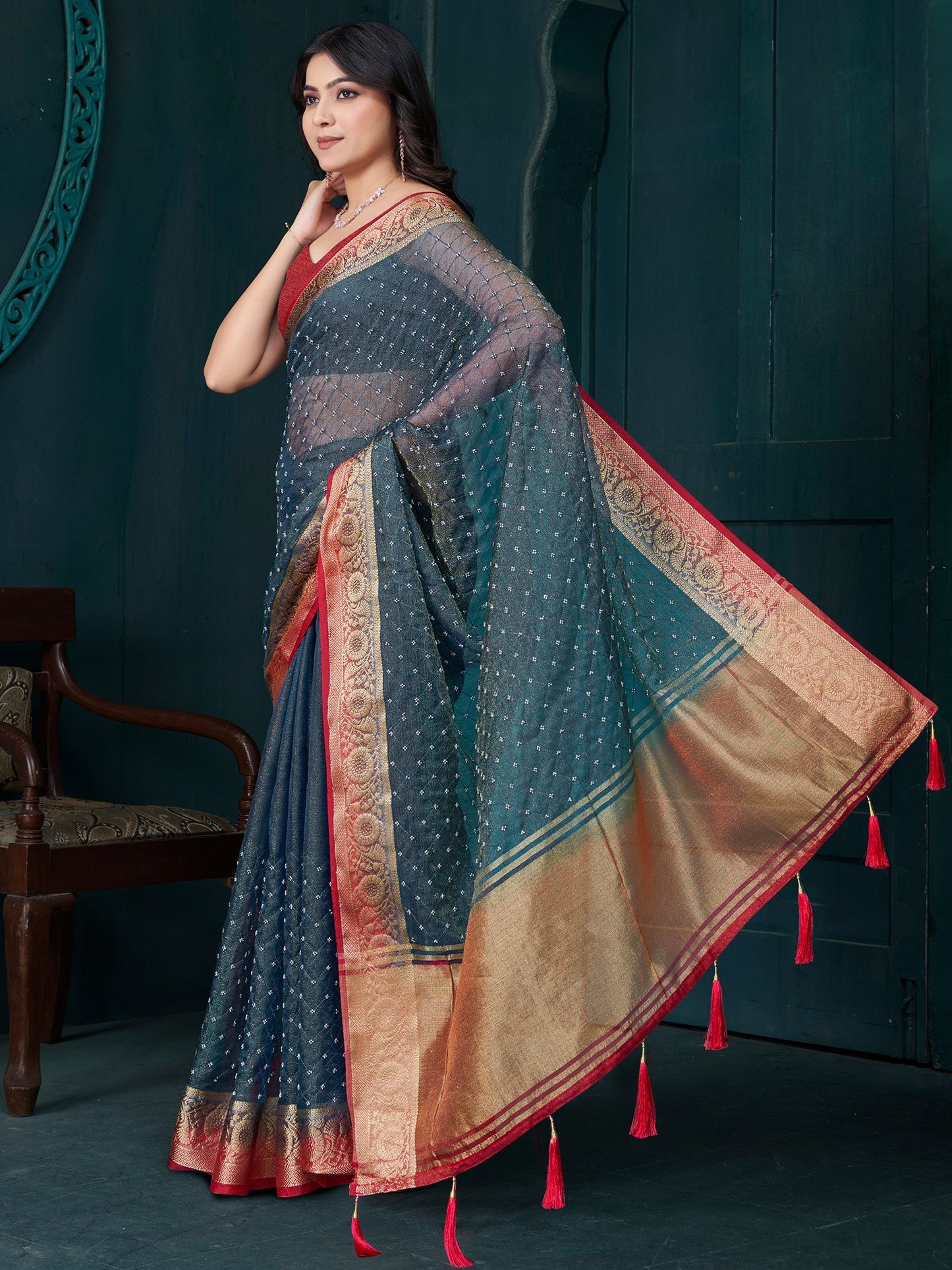 Grey Party Wear Tissue Woven Saree