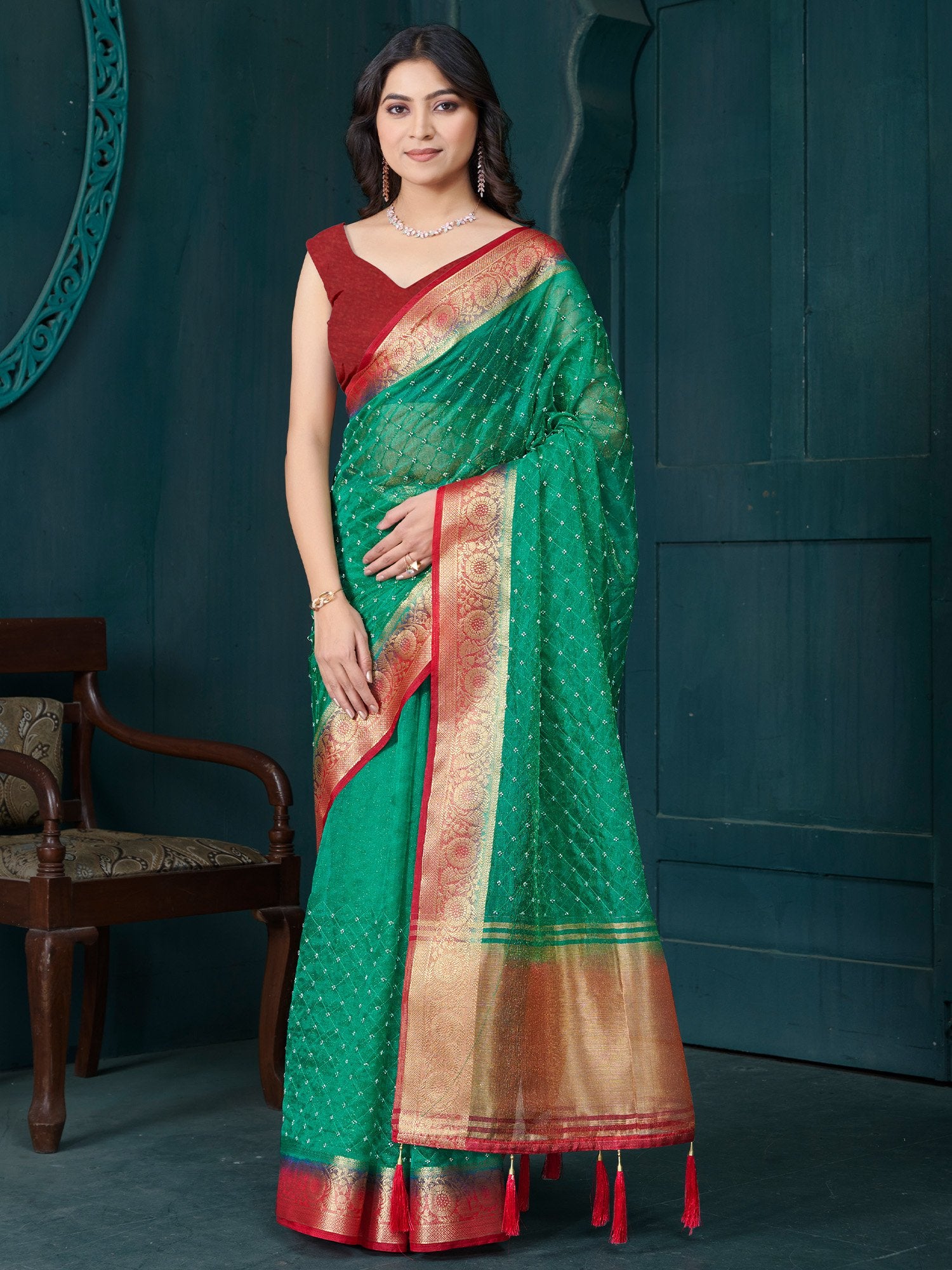 Green Green Party Wear Tissue Woven Saree
